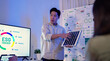 Diversity team presentation new design solar cell panel renewable energy innovation in office at night