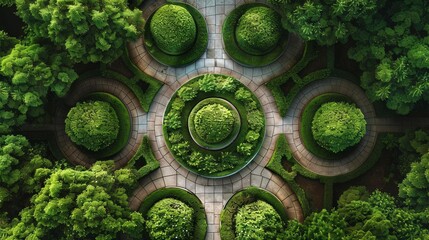 Wall Mural - An aerial view of a beautiful garden with a circular pattern of bushes and trees.