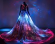 Design a dress that looks like the night sky, with stars and galaxies. Make it elegant and sophisticated, but also fun and flirty. The dress