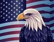 American bald eagle on flowing american flag with stars and stripes for patriotic banner