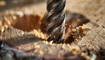 Close up Drill bit drilling into wood.	
