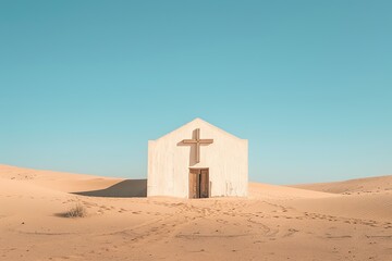 White church in the desert with blue sky background.