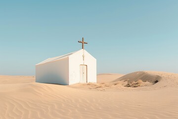 Wall Mural - White church in the desert with blue sky background.