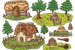 Cartoon cute doodles of prehistoric villages with thatched-roof huts, wooden fences, and communal gathering areas for socializing and trading, Generative AI