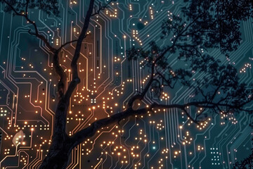 Wall Mural - Surreal night sky stars made from glowing circuit board pattern with silhouette tree branches in concept nature, technology, eco, digital.