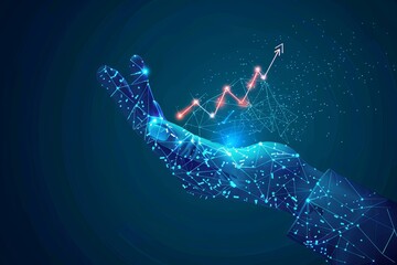 Poster - A hand of a digital businessman holding a rising graph on a blue background. Generative AI
