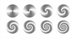 Circular ripple icons. Set of concentric circles with swirled dotted lines isolated on white background. Whirlwind, vortex or tornado, sonar signal or shockwave signs. Vector graphic illustration