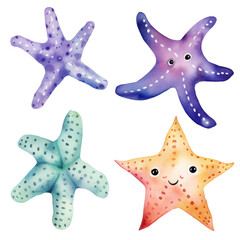 Wall Mural - set of cute starfish watercolor clipart hand drawn transparent background