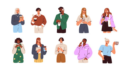 Aufkleber - people enjoying coffee. man and woman holding takeaway mugs, paper cups. characters drinking hot mor