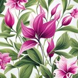 Highres vector of vintage botanical illustration, Tradescantia leaves in pinks and greens, for elegant textile patterns ,  flat graphic drawing