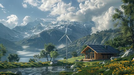 Wall Mural - modern renewable electric home with solar panels and wind turbine providing clean, sustainable elect