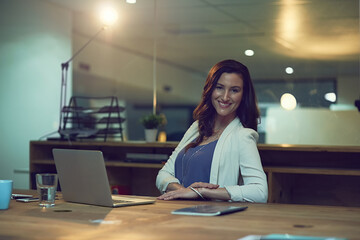 Poster - Portrait, night and business with woman, laptop and smile with human resources, confidence or career ambition. Face, evening or compliance officer with computer, internet or professional with startup