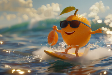 An orange wearing sunglasses is surfing on a surfboard, surrounded by waves, water, palm trees, and sun