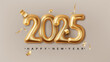 Happy New 2025 Year. Holiday background with golden metallic 3d numbers 2025. Realistic festive poster or banner design