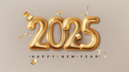 Wall Mural - Happy New 2025 Year. Holiday background with golden metallic 3d numbers 2025. Realistic festive poster or banner design