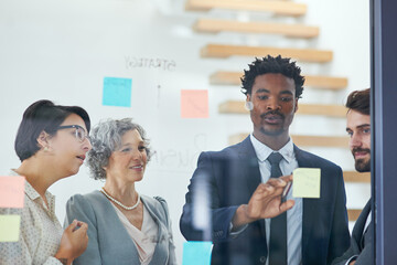 Poster - People, brainstorming and sticky notes on glass for project, teamwork and strategy in office with diversity. Event managers, planning and meeting with moodboard for business, collaboration and idea