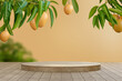 Mango on tree with wooden podium and pastel color background