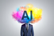 A Person's Head Covered in a Colorful Cloud Labeled AI