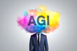 A Person's Head Covered in a Colorful Cloud Labeled AGI