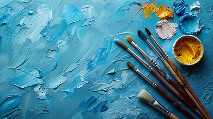 A variety of paintbrushes rest on a blue oil painting. The bristles of the brushes are covered in different colors of paint.