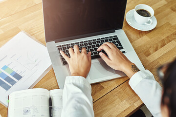 Canvas Print - Business, hands of woman and laptop for typing in office for email, project research and connection. Professional, accountant and mockup for career, technology and female employee in workplace