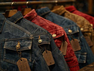 Wall Mural - Close up shots of cloth tags of pants, jackets, tag labels made from red black and gray denim jeans and leather are hanging on the rack and tidy folded on the shelf in a shop.