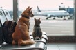 A dog and a cat are sitting on a bench in an airport waiting for their flight