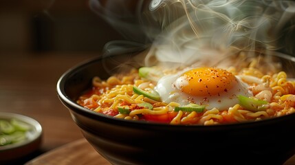 Wall Mural - A steaming bowl of fragrant instant noodles, adorned with sliced vegetables and a perfectly poached egg, ready to be enjoyed as a comforting and satisfying meal,