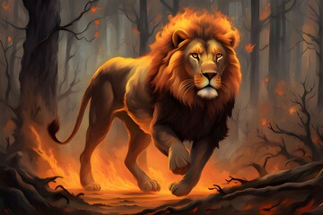 Wall Mural - Lion, mid-stride in a densely wooded forest, surrounded by roaring orange and yellow flames, casting an eerie glow on the lion's mane, firelight reflecting in its eyes, smoke billowing in the backdrop