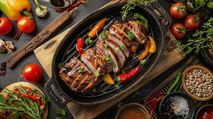 Canvas Print - A tantalizing spread of thinly sliced pork, sizzling on a hot grill pan surrounded by colorful vegetables,