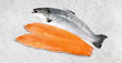 Raw Salmon Fish Fillets on Ice Background