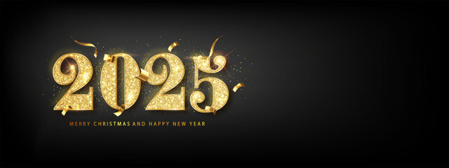 Wall Mural - 2025 elegant happy new year design. luxurious gold glitter numbers shiny with light. holiday design 