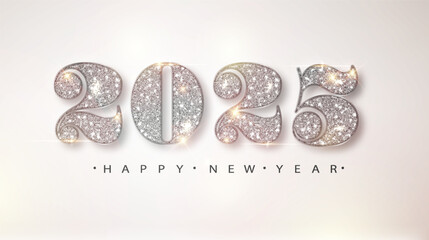 Wall Mural - 2025 silver New year banner with flying confetti and glitter numbers on bright background. Banner For Christmas and winter holiday headers, party flyers template