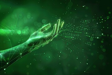Poster - A close-up of a persons hand against a vibrant green polygonal wireframe background. Generative AI