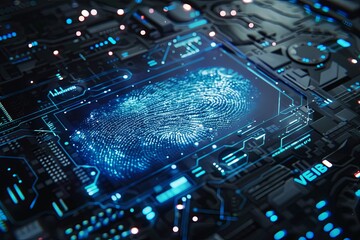 Poster - A fingerprint is being identified and measured on top of a computer chip. Generative AI