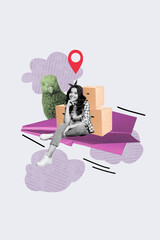 Sticker - Sketch image composite collage of outdoors background delivery staff worker lady sit huge paper flight geo point hold deliver box courier