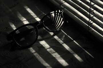 a pair of glasses is sitting on a table with a window behind it