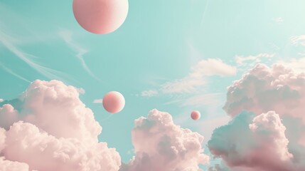 Wall Mural - Surreal Sky with Pastel Clouds and Floating Spheres