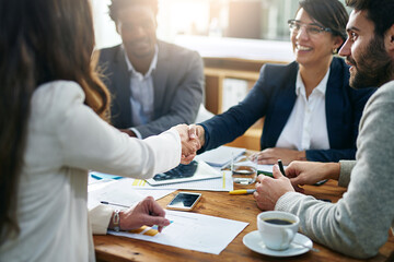 Aufkleber - Handshake, women and finance in office for deal, agreement and proposal or interview at desk. Accounting team, collaboration and approved transaction with people at work table, strategy or networking