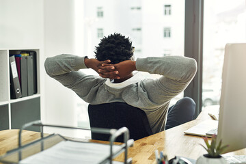 Fototapete - Office, black man and relax in chair at job by desk for career, health or success at agency. Advertising, work and male person with rest by table for productivity, achievement or break in copywriting