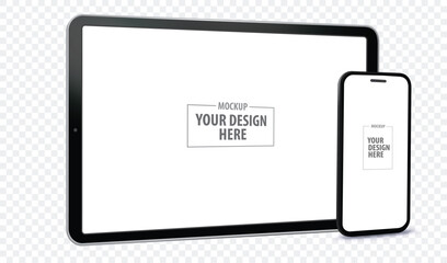 Poster - Tablet Computer and Mobile Phone Screen Perspective View Mockup. Digital devices template vector illustration with transparent background.