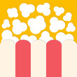 Popcorn big size white red strip box. Cinema movie night icon. Pop corn tasty food. Simple trendy style. Cute cartoon banner template. Flat design. Yellow background. Isolated. Vector illustration