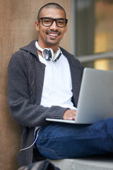 Aufkleber - Portrait, man and student with laptop, smile and research for project, elearning and internet. Face, college and person on campus, computer and writer with connection or email for bursary application