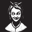 chica demonio con ojos completamente negros, vector illustration engraving