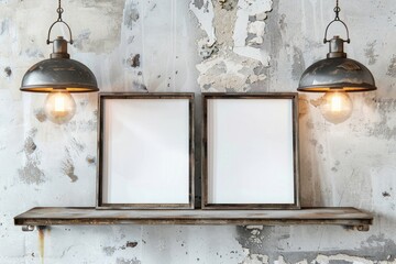 Wall Mural - Two blank frames are displayed on a distressed metal shelf in an industrial-style home office