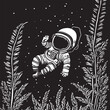 little astronaut tangled in plants, vector illustration engraving