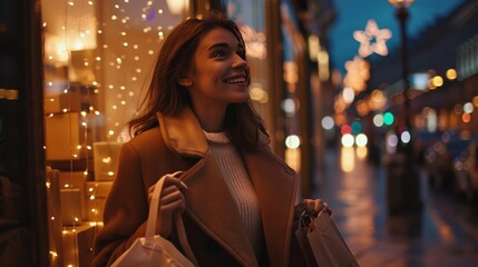 girl shopping illumination evening walk