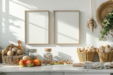 Wall Mural - Two blank frames are mounted on a whitewashed wall in a coastal-style kitchen