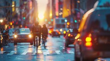 Morning Traffic On A Busy City Street Captured In Bokeh With Cyclists And Cars Highlighting Urban Movement

