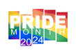 LGBT Pride Month 2024 concept. LGBTQIA Pride flag modern background and text design, mixed media collage.